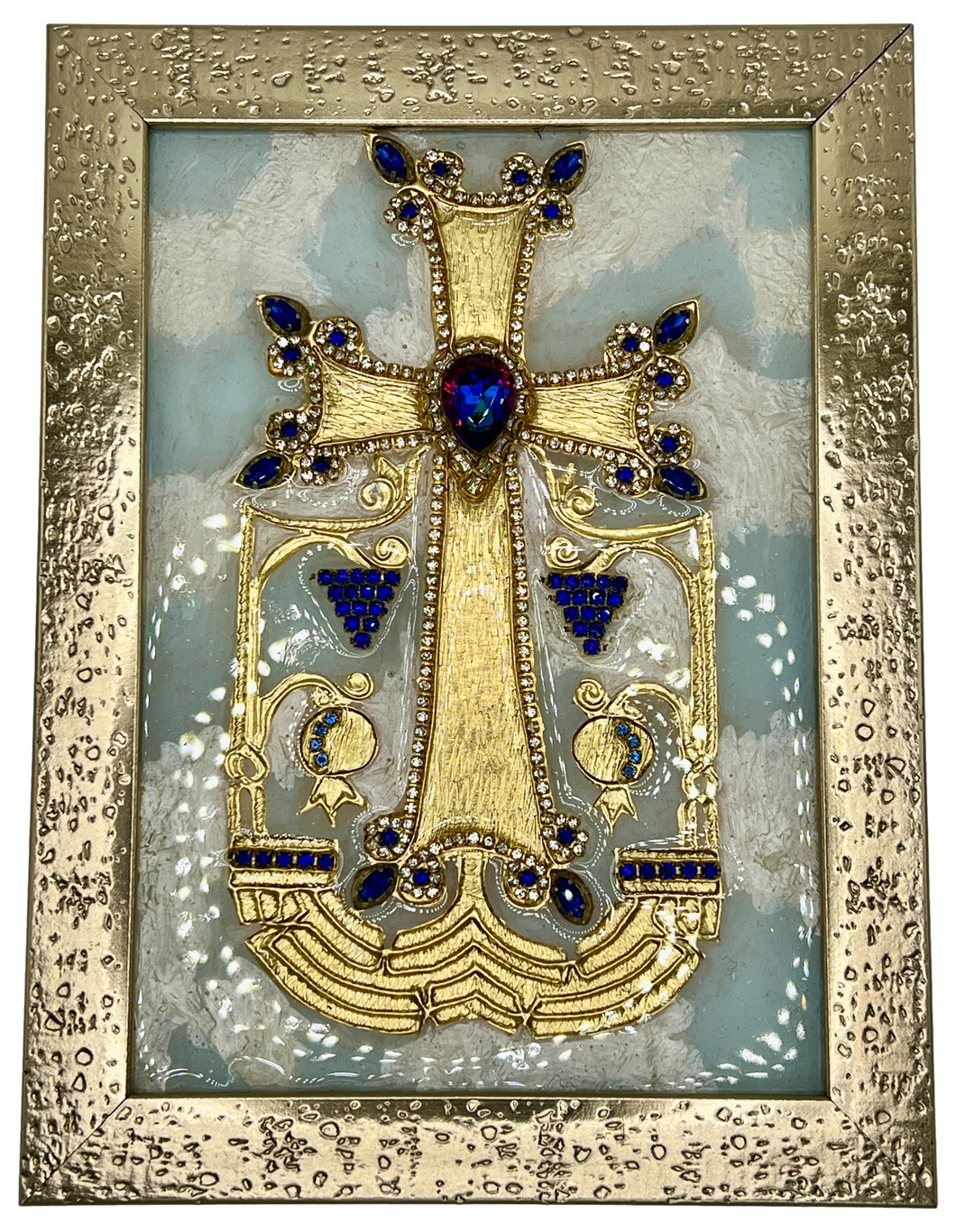 NEW! Framed Embellished Armenian Cross (Gold/Blue)